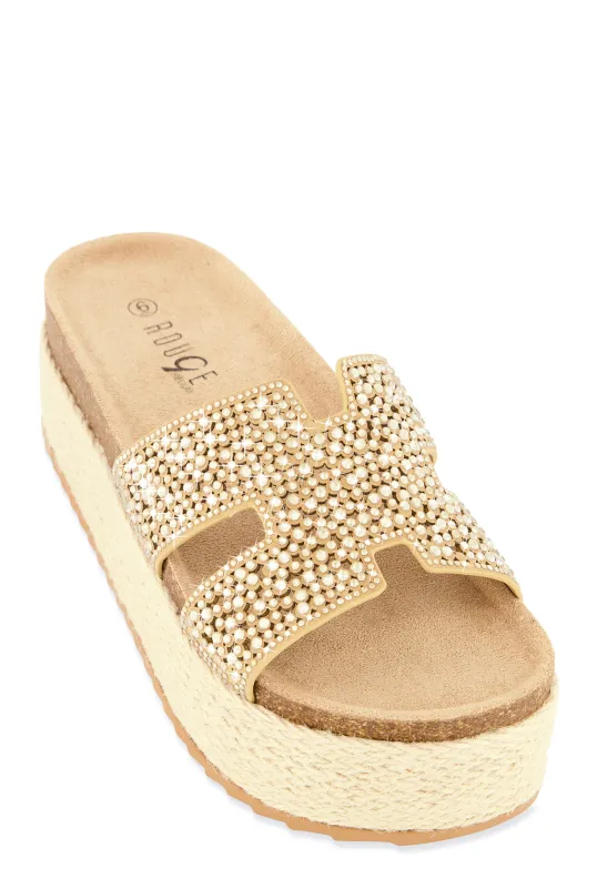 Embellished Band Espadrille Platform Slide Sandals sold by Rainbow