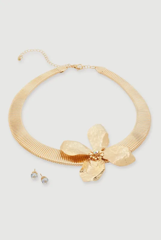 Textured Flower Pendant Necklace with Stud Earrings sold by Rainbow