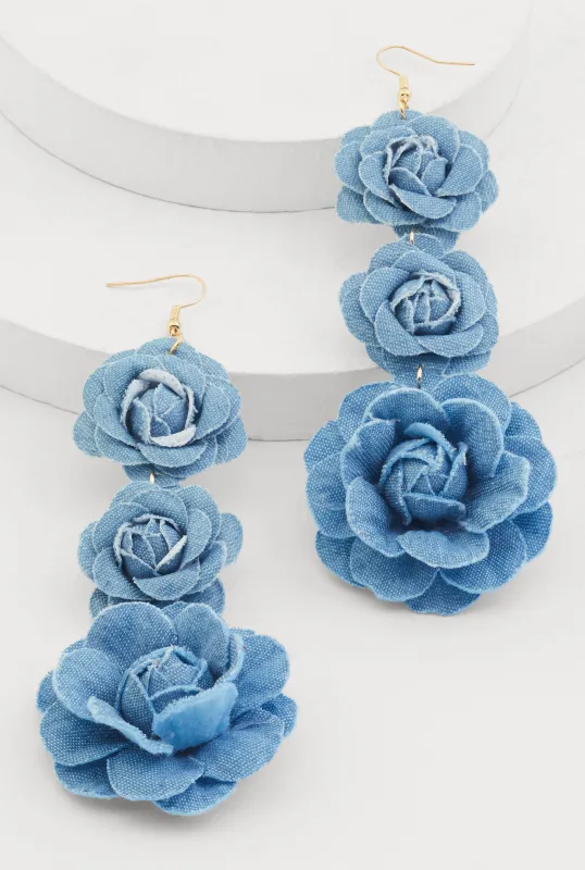 Denim Detail Flower Drop Earrings sold by Rainbow