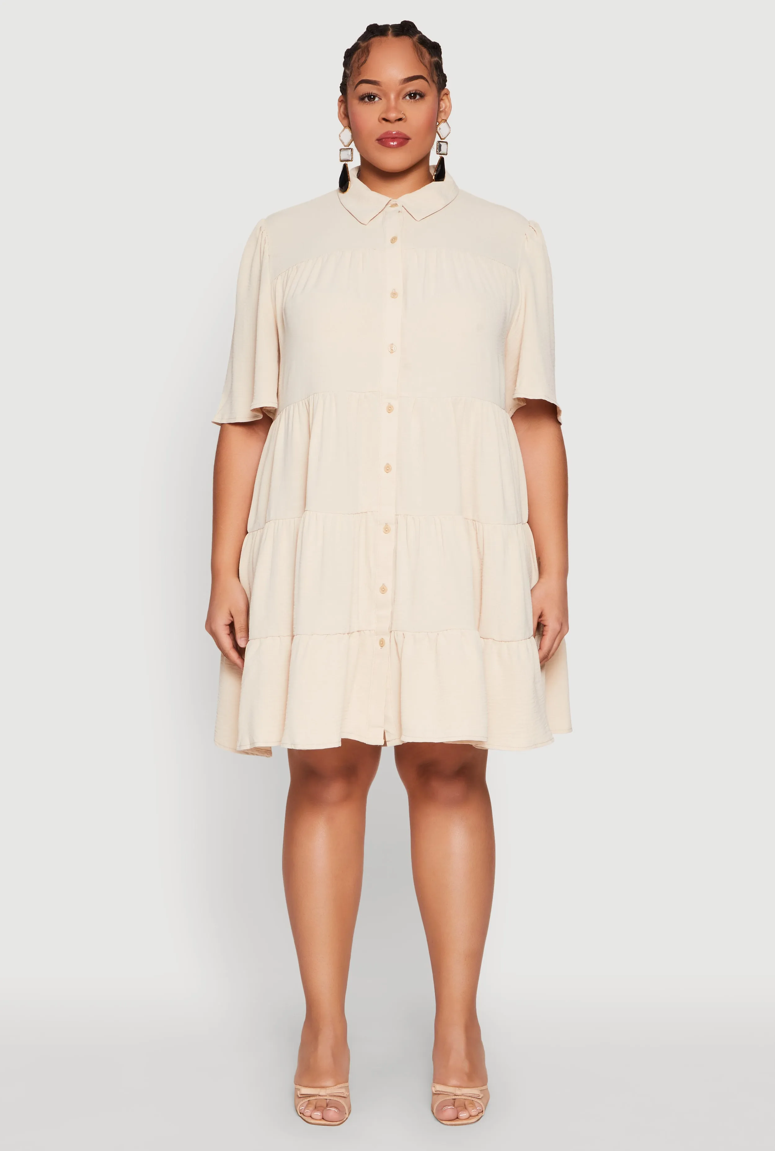 Plus Size Airy Crepe Knit Tiered Shirt Dress sold by Rainbow product image thumbnail 2