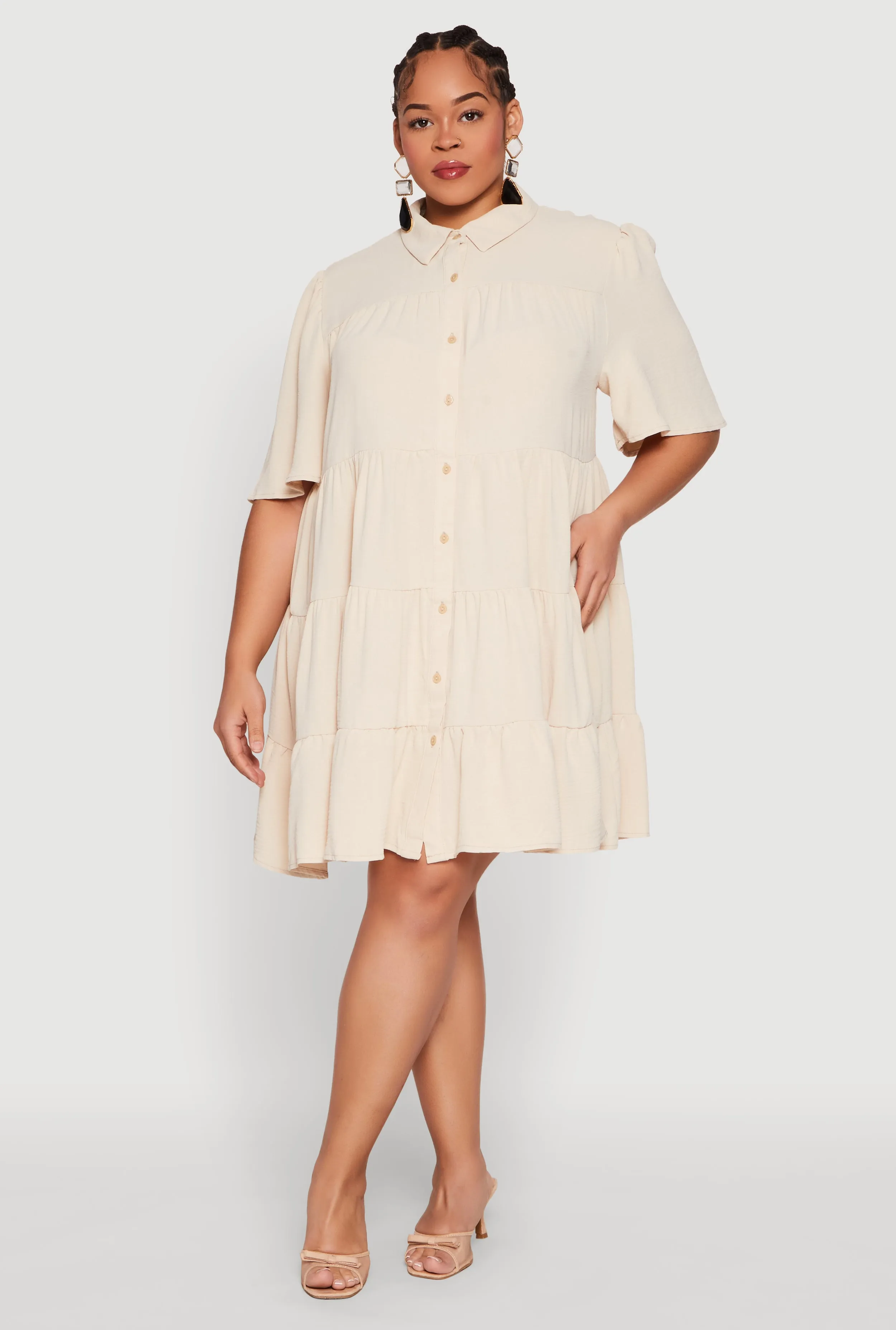 Plus Size Airy Crepe Knit Tiered Shirt Dress sold by Rainbow