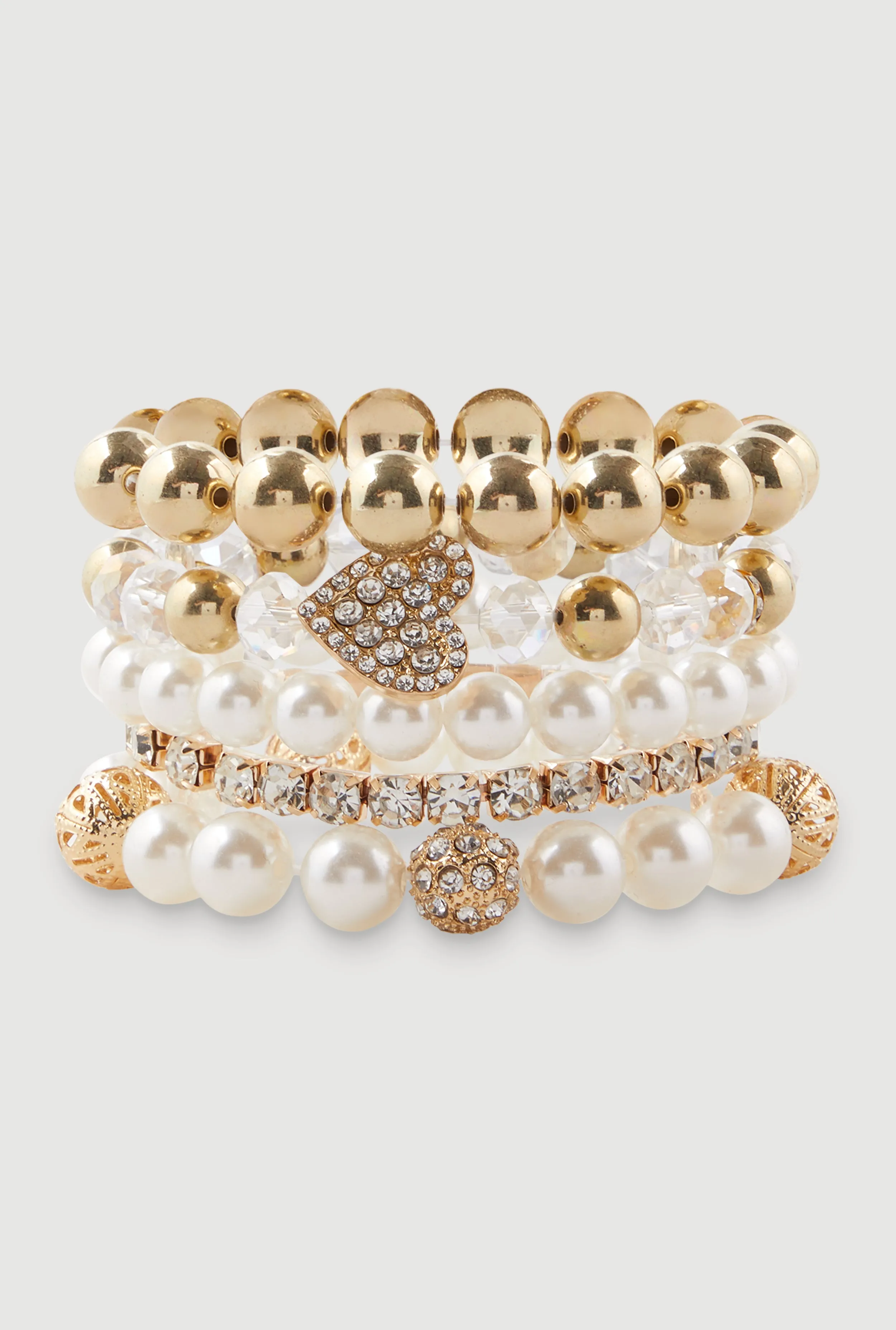Faux Pearl Heart Rhinestone Stretch Bracelets Set of 5 sold by Rainbow