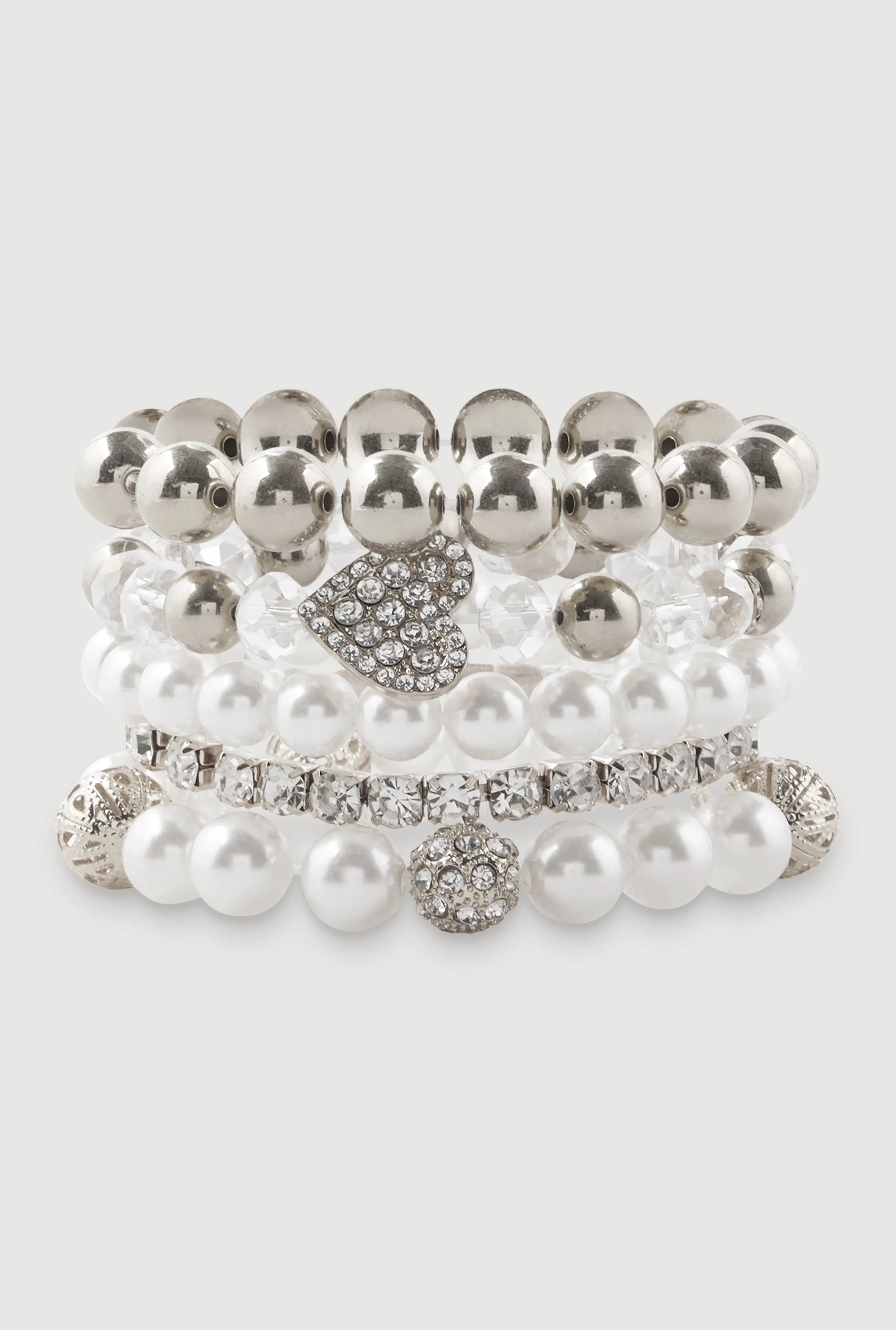 Faux Pearl Heart Rhinestone Stretch Bracelets Set of 5 sold by Rainbow