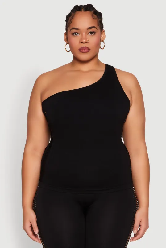 Plus Size Laser Cut Side One Shoulder Top sold by Rainbow