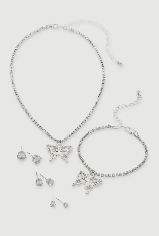 Cubic Zirconia Butterfly Necklace and Bracelet with Stud Earrings Set of 5 sold by Rainbow