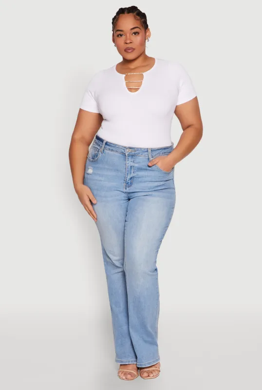 Plus Size Rhinestone Caged Notch Neck Top sold by Rainbow