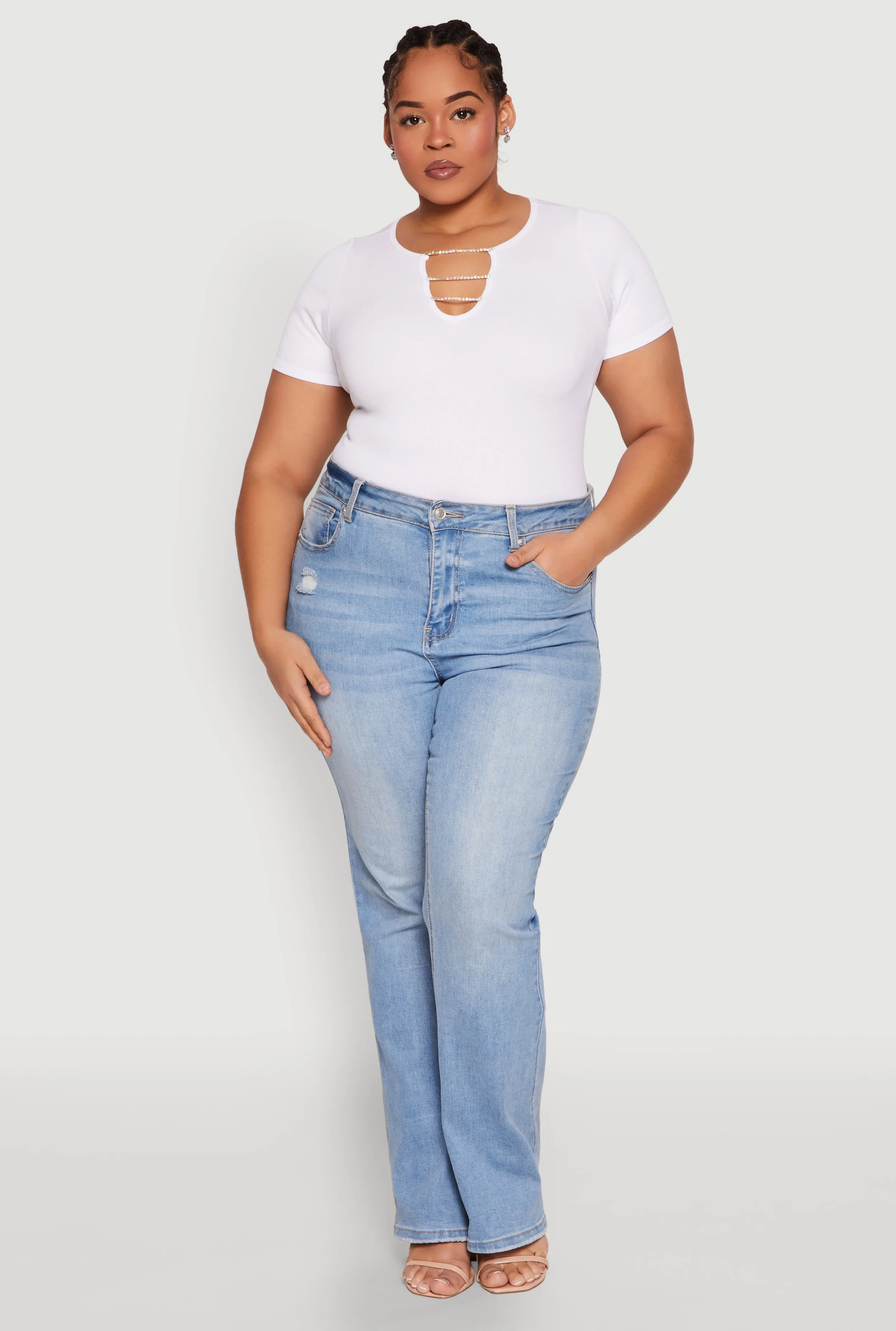 Plus Size Rhinestone Caged Notch Neck Top sold by Rainbow