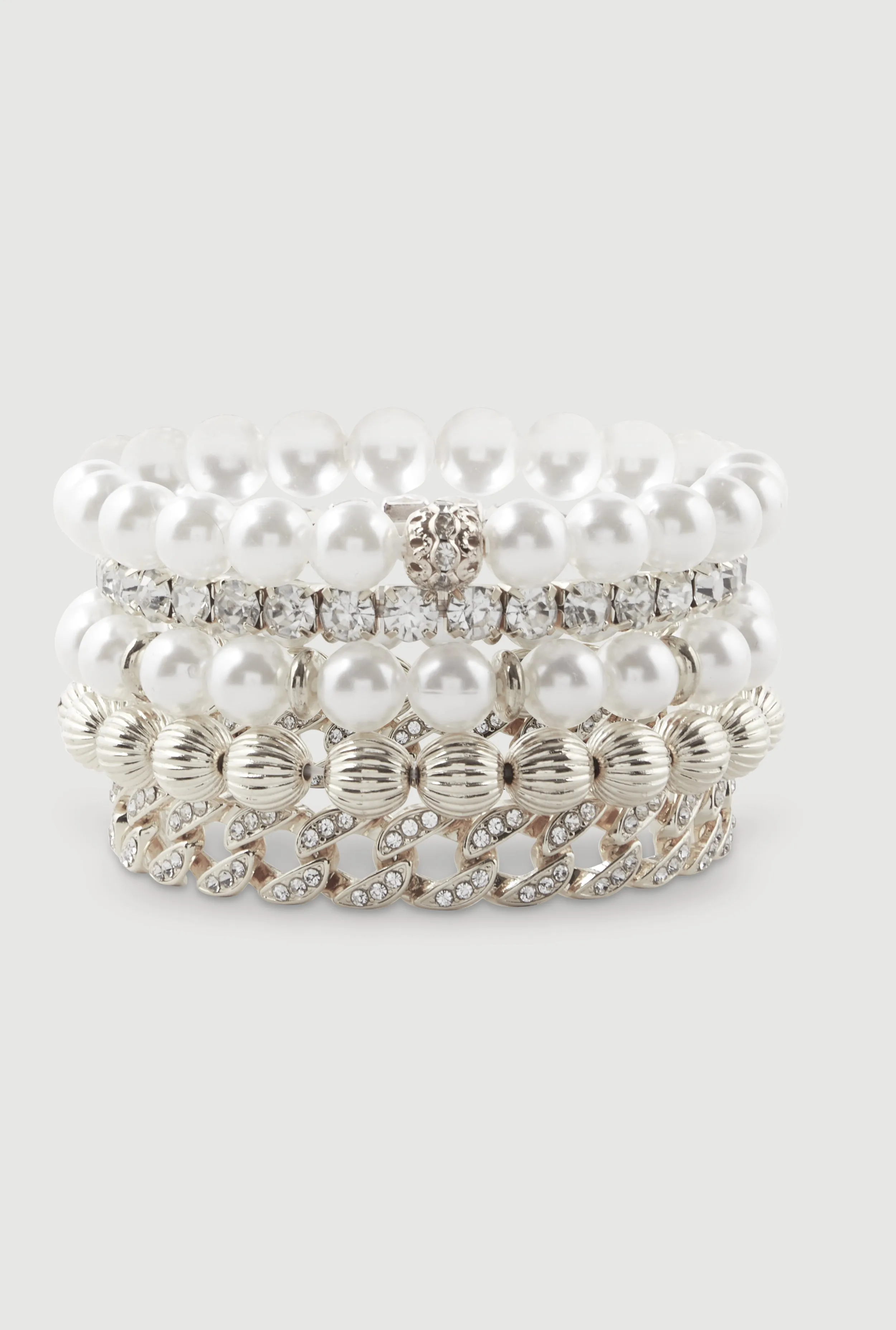 Faux Pearl and Rhinestone Chain Stretch Bracelets Set of 5 sold by Rainbow