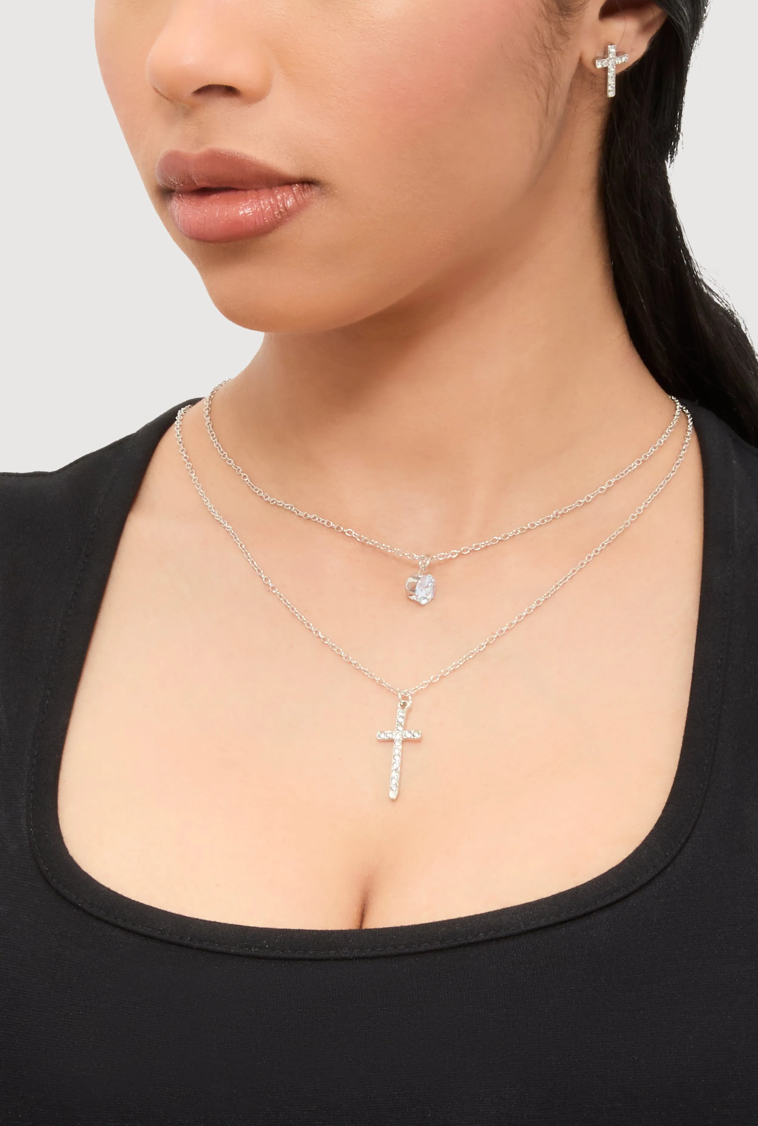 Rhinestone Layered Cross Necklace with Stud Earrings sold by Rainbow product image thumbnail 2
