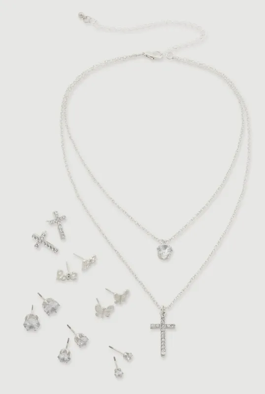 Rhinestone Layered Cross Necklace with Stud Earrings sold by Rainbow