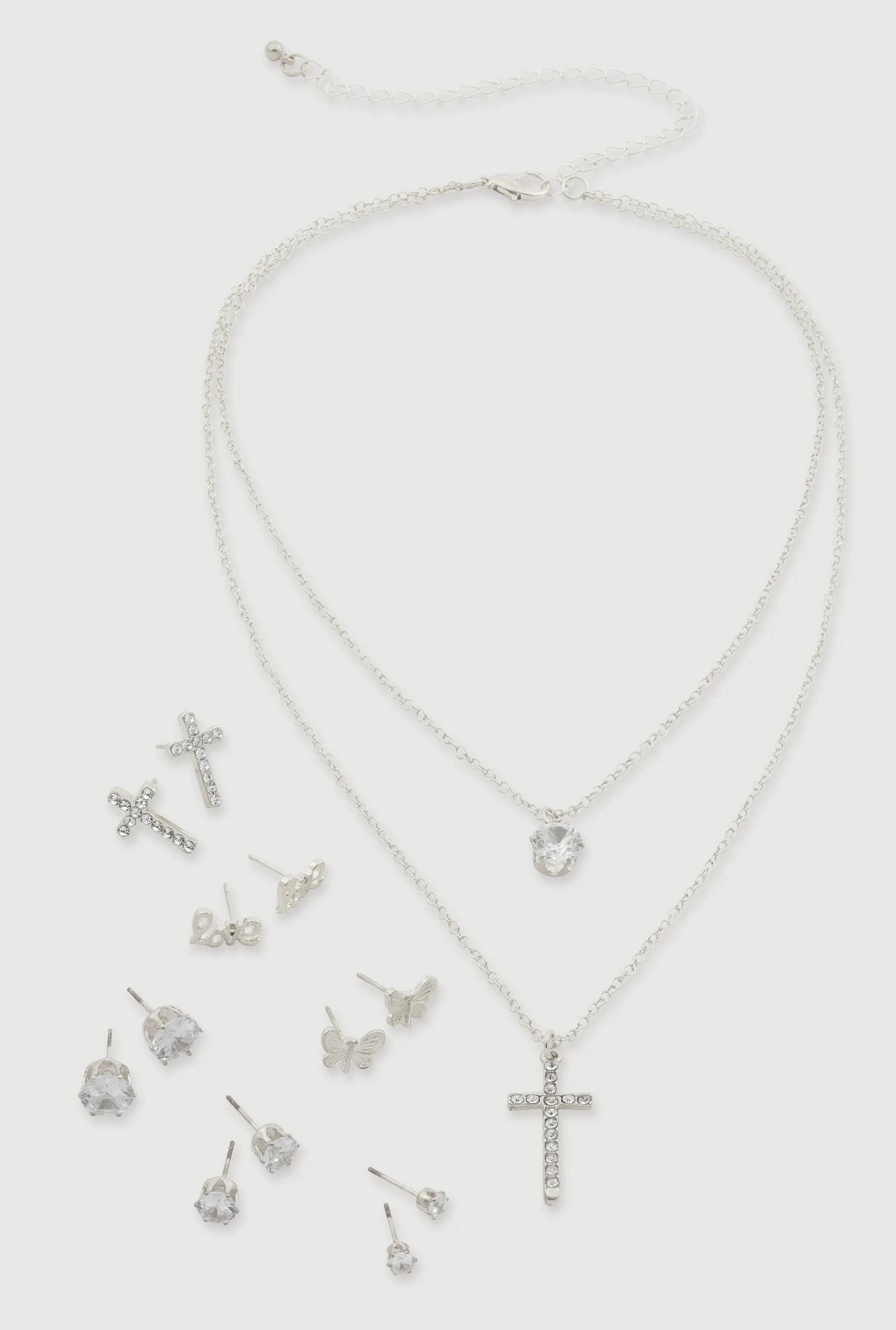 Rhinestone Layered Cross Necklace with Stud Earrings sold by Rainbow
