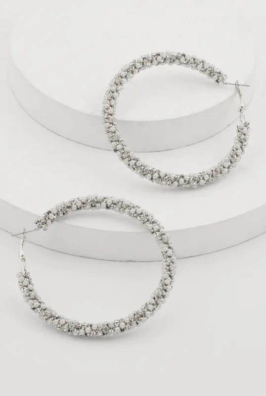 Faux Pearl Rhinestone Encrusted Hoop Earrings sold by Rainbow
