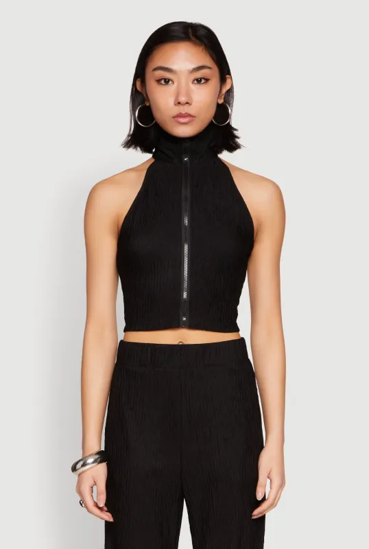 Textured Knit Zip Neck Crop Top sold by Rainbow