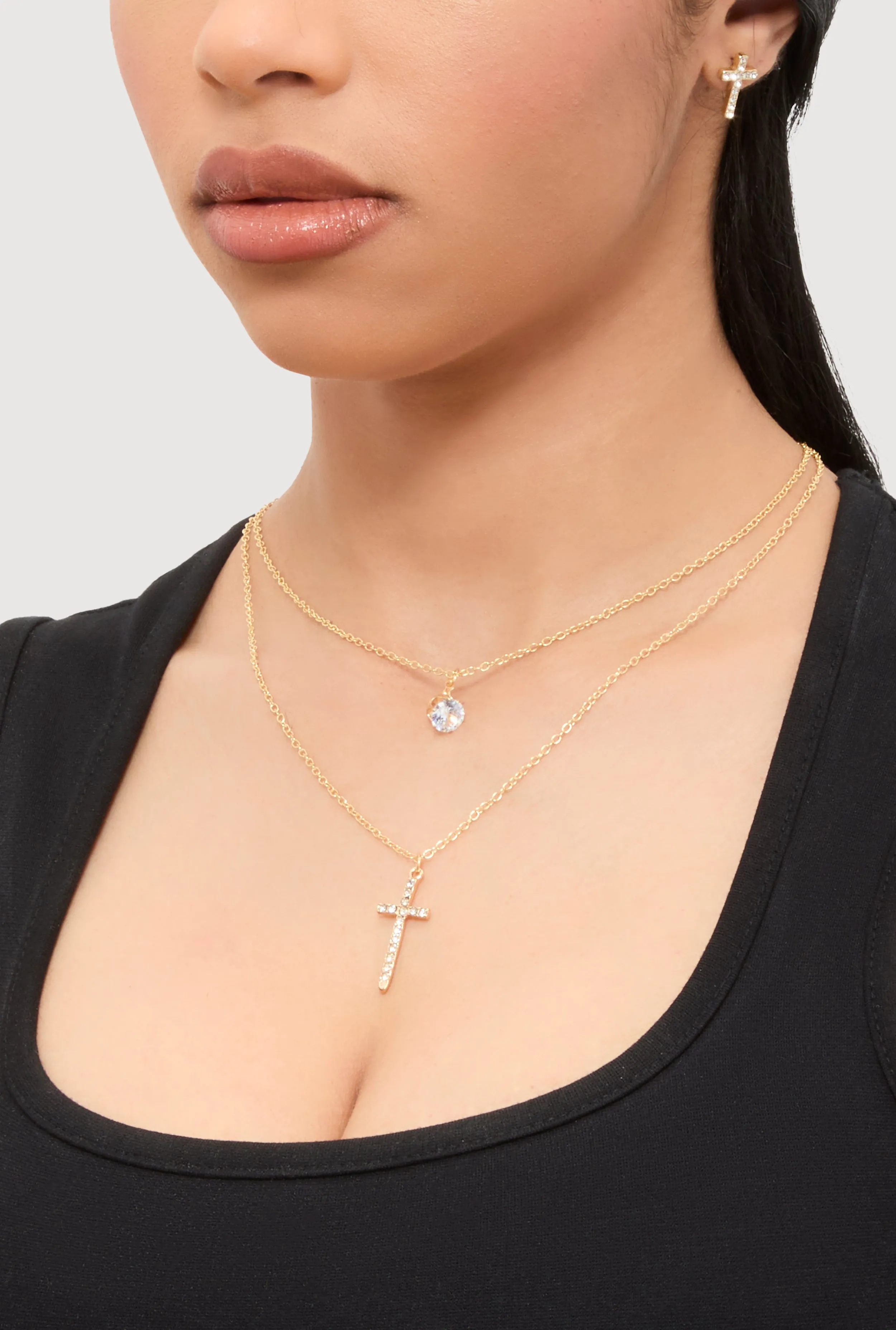 Rhinestone Layered Cross Necklace with Stud Earrings sold by Rainbow product image thumbnail 2