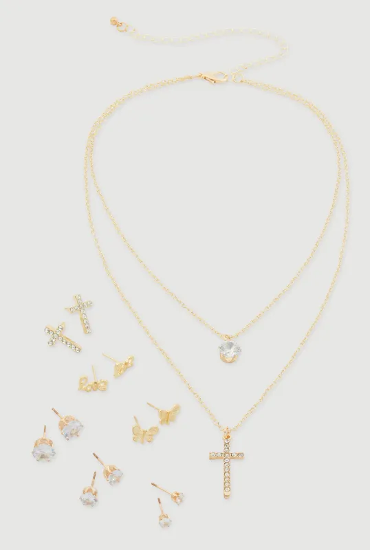 Rhinestone Layered Cross Necklace with Stud Earrings sold by Rainbow