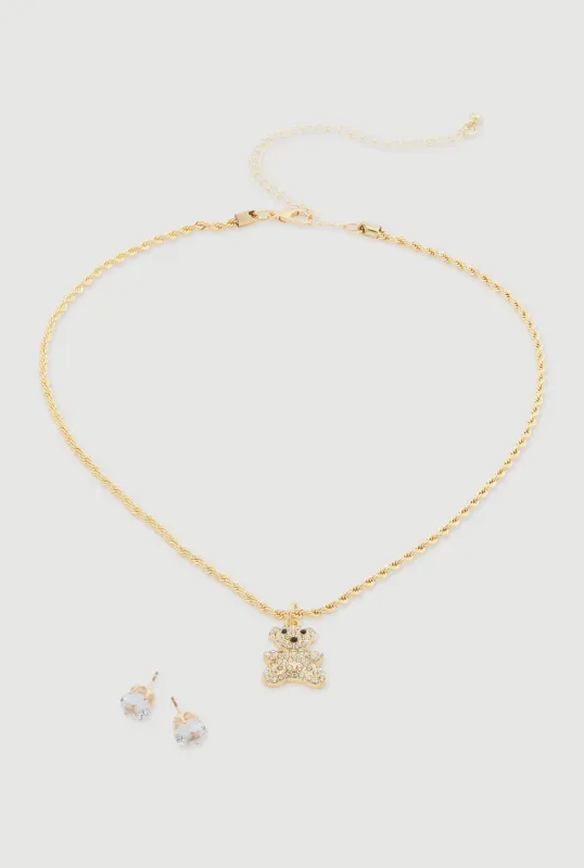 Cubic Zirconia Bear Charm Necklace with Stud Earrings sold by Rainbow