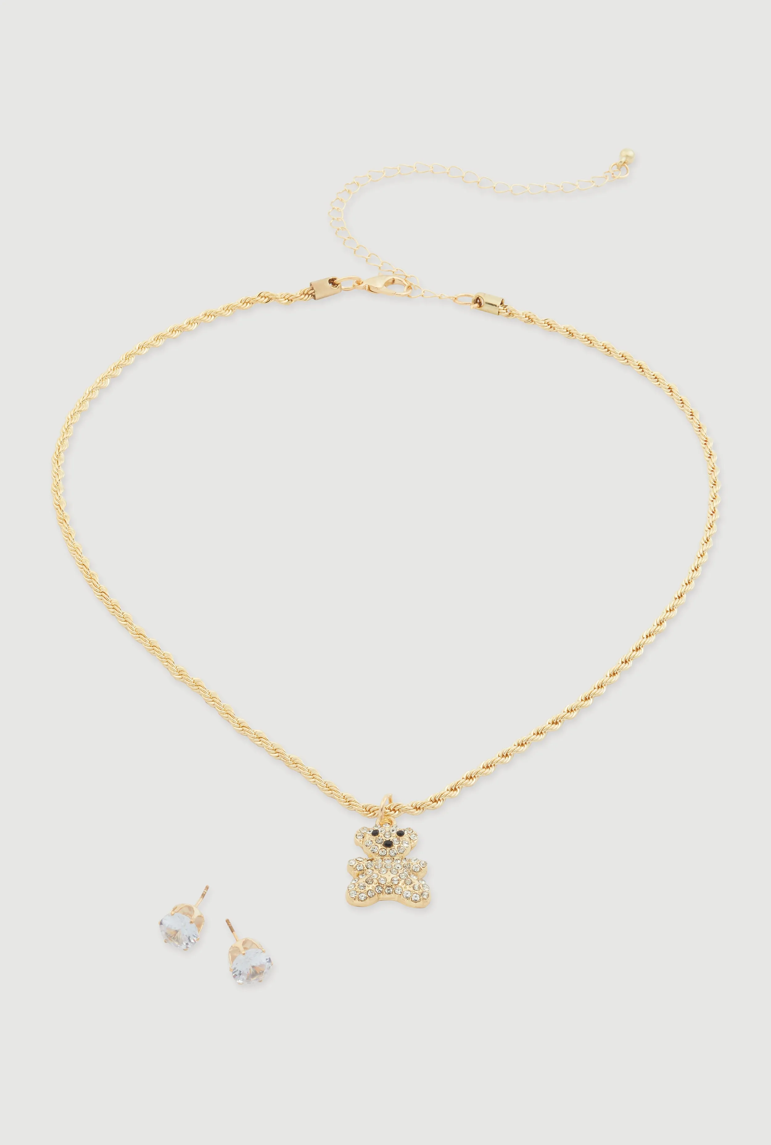 Cubic Zirconia Bear Charm Necklace with Stud Earrings sold by Rainbow