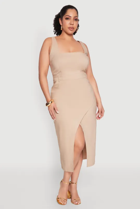 Plus Size Hyperstretch Front Slit Midi Dress sold by Rainbow