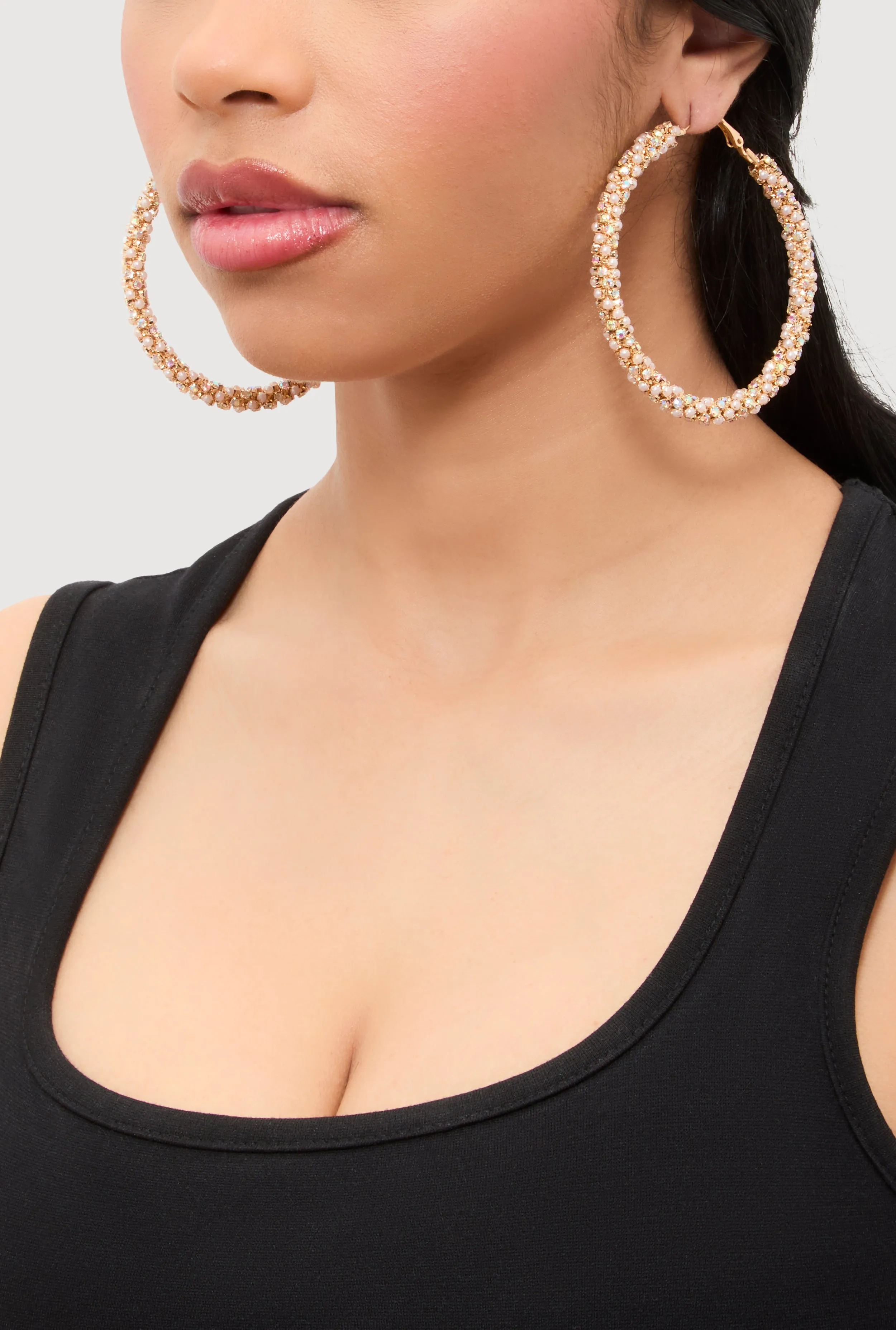 Faux Pearl Rhinestone Encrusted Hoop Earrings sold by Rainbow product image thumbnail 2