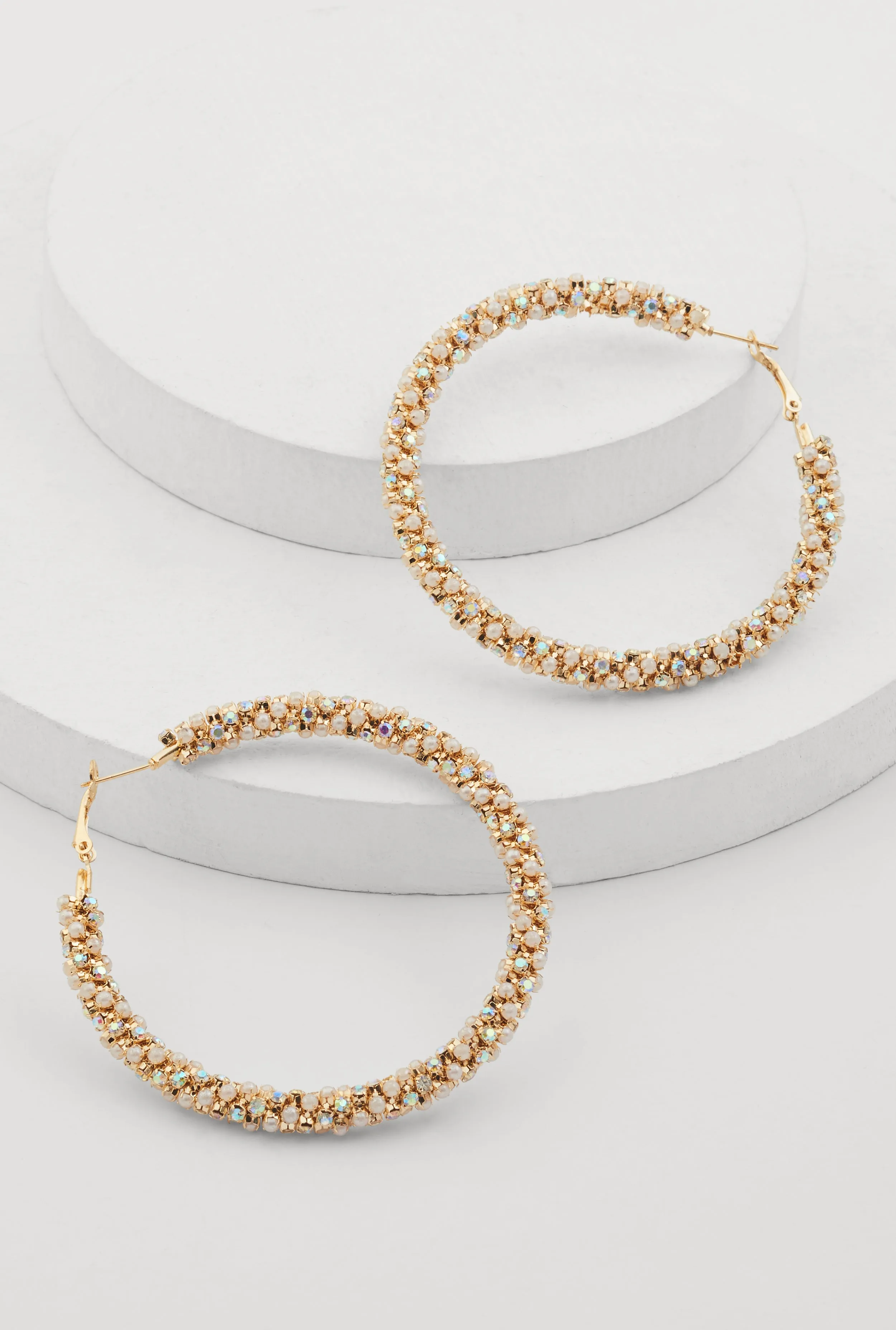 Faux Pearl Rhinestone Encrusted Hoop Earrings sold by Rainbow