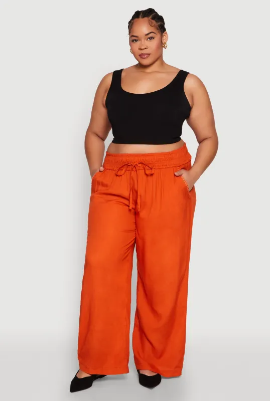 Plus Size Smocked Waist Palazzo Pants sold by Rainbow