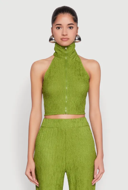 Textured Knit Zip Neck Crop Top sold by Rainbow