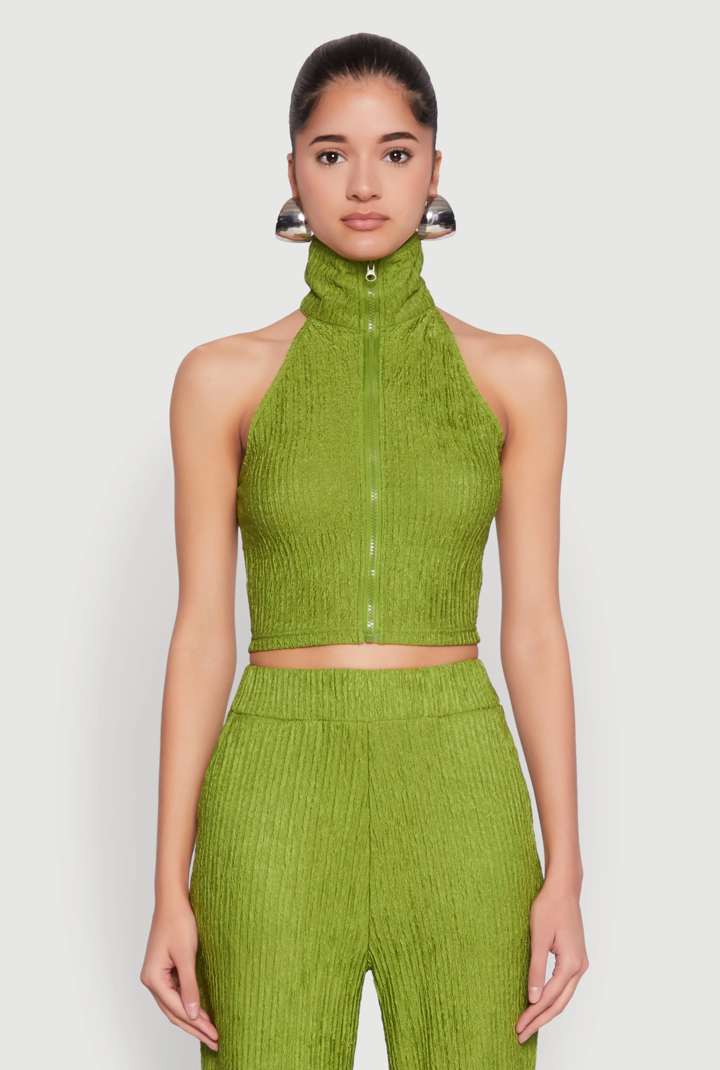 Textured Knit Zip Neck Crop Top sold by Rainbow