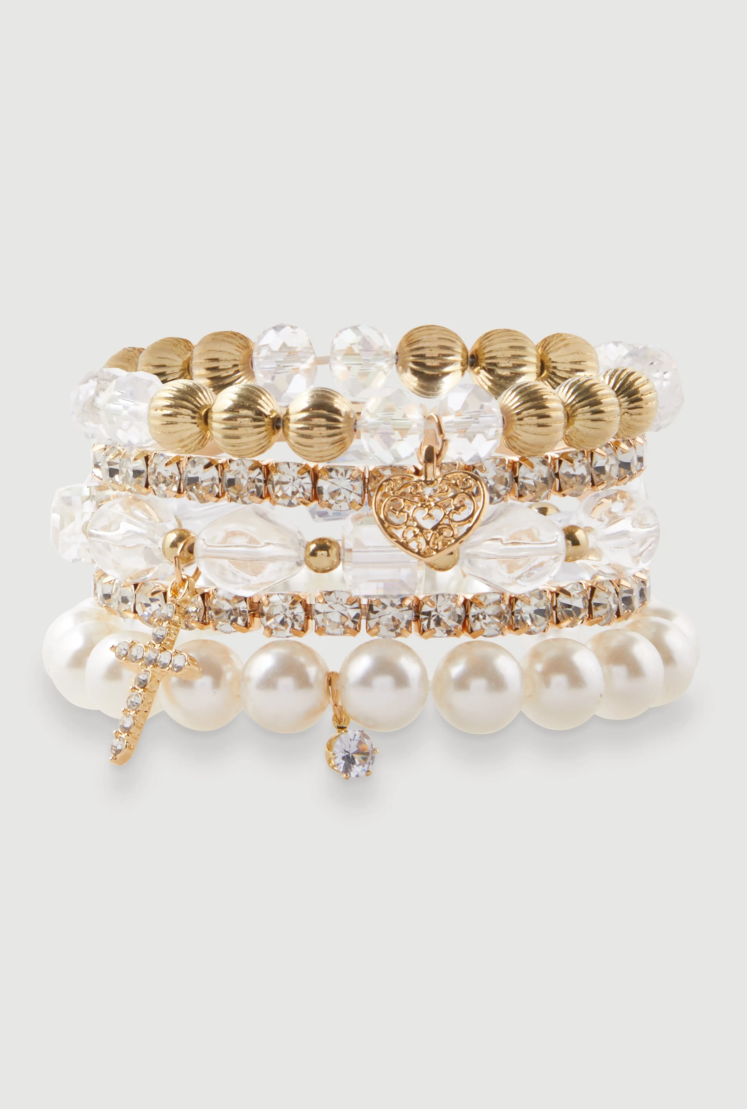 Faux Pearl Rhinestone Charm Stretch Bracelets Set of 5 sold by Rainbow