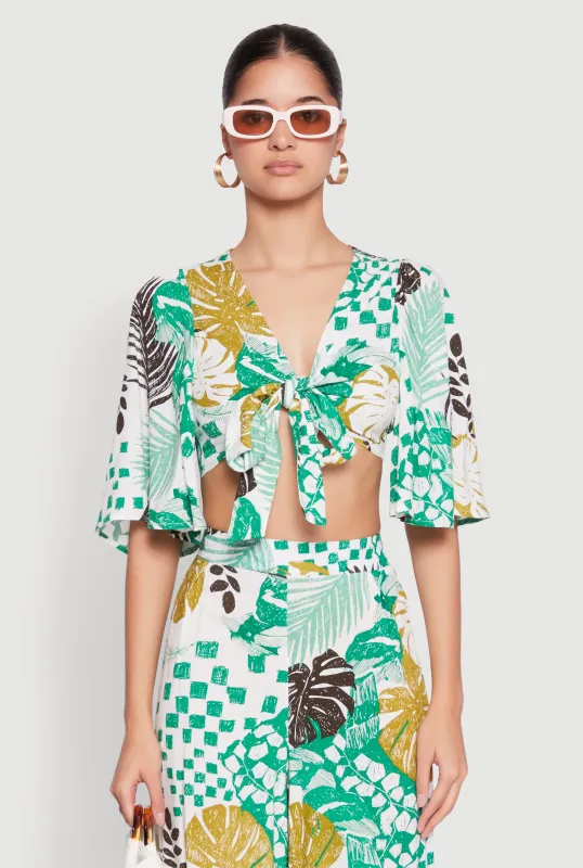Tropical Print Quarter Sleeve Tie Front Top sold by Rainbow