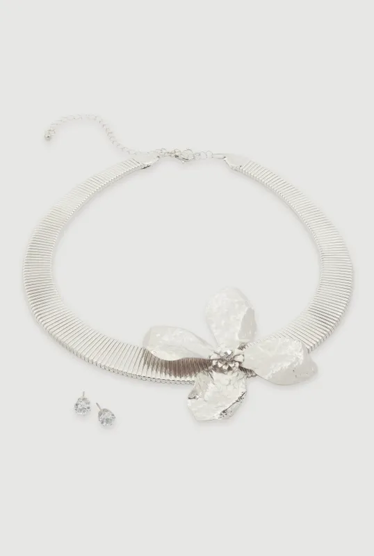 Textured Flower Pendant Necklace with Stud Earrings sold by Rainbow
