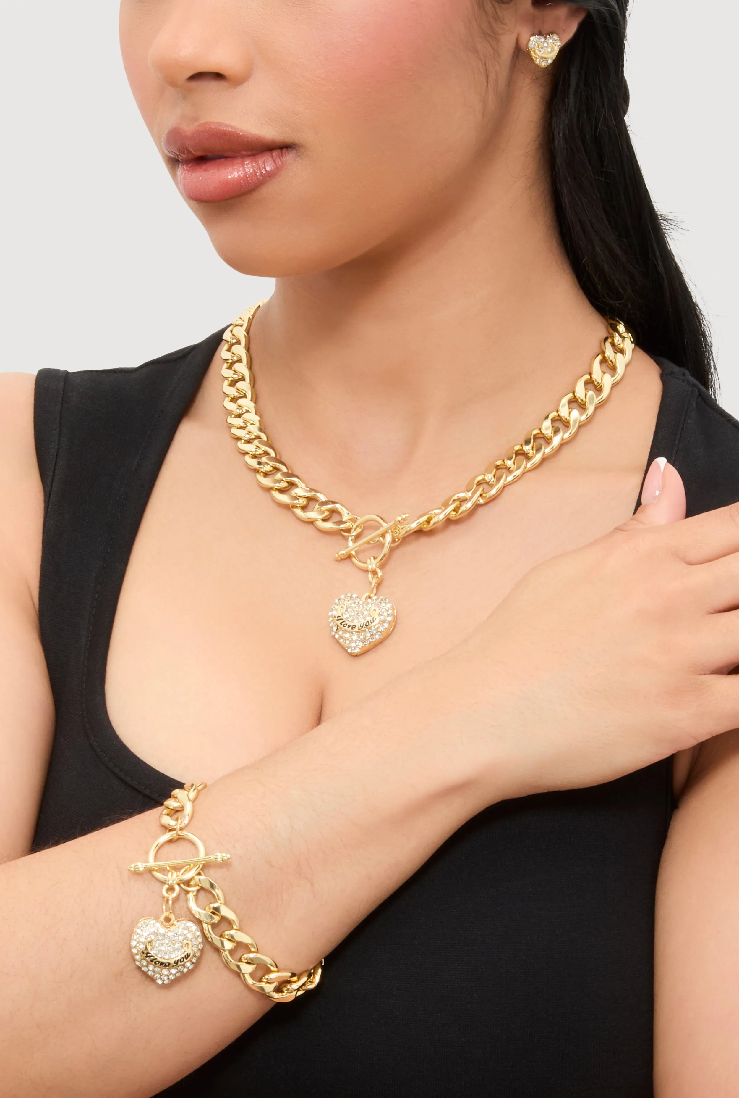 Rhinestone Heart Charm Necklace and Bracelet with Stud Earrings sold by Rainbow product image thumbnail 2