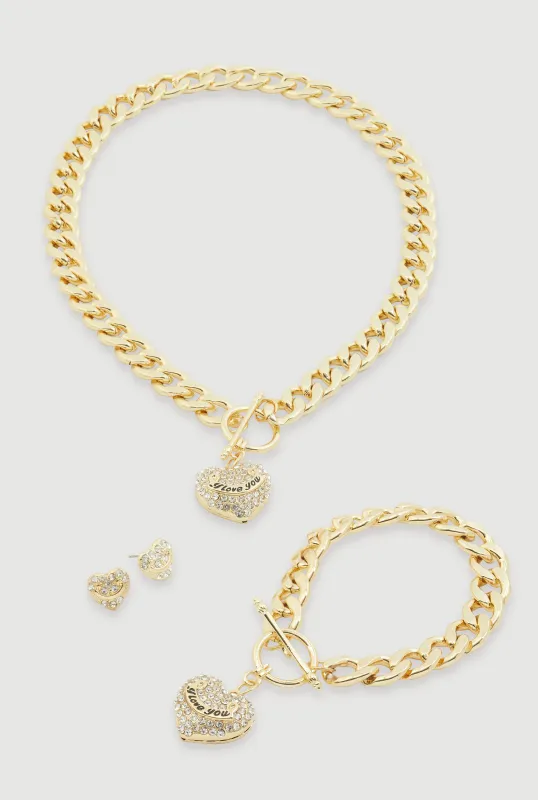 Rhinestone Heart Charm Necklace and Bracelet with Stud Earrings sold by Rainbow