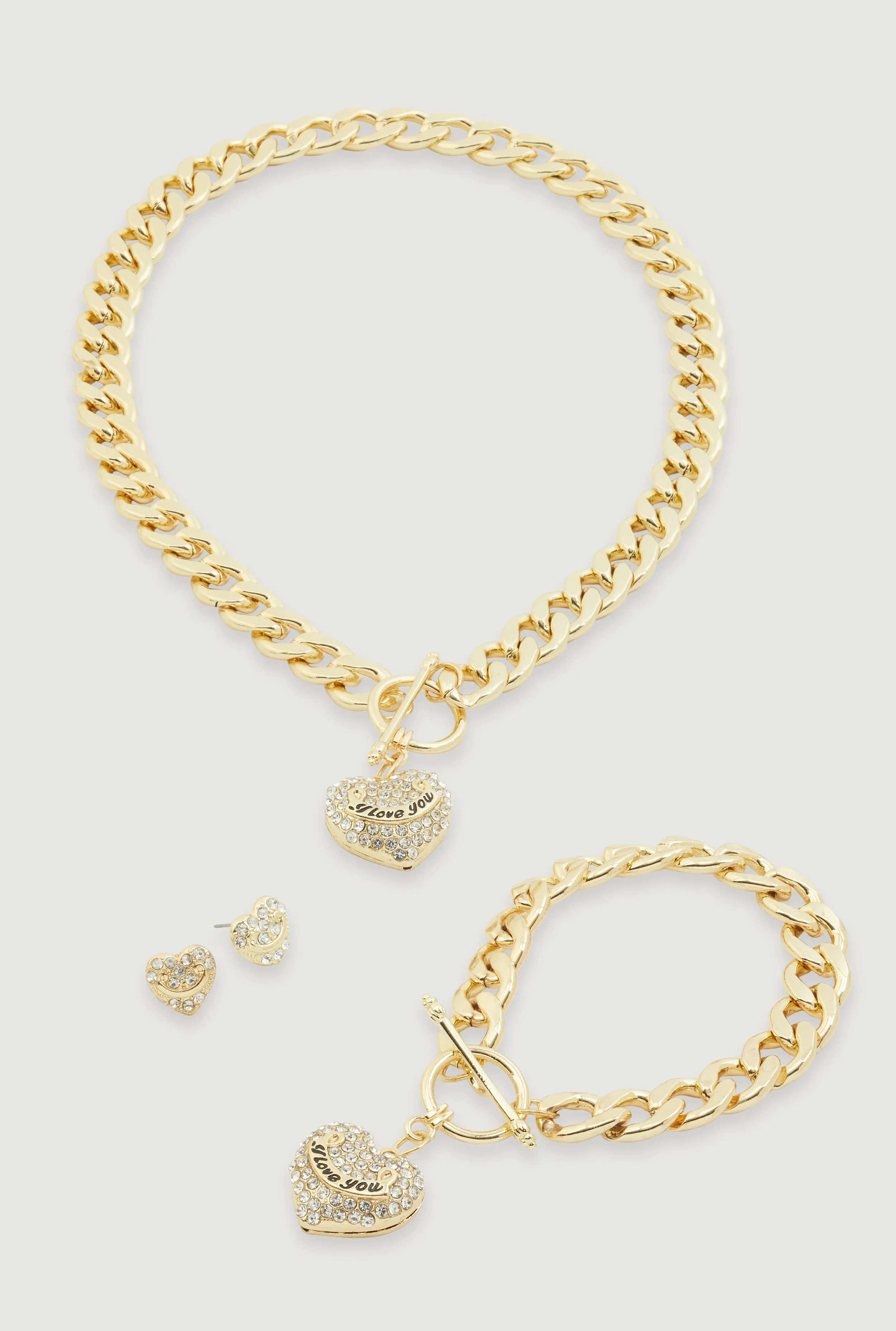 Rhinestone Heart Charm Necklace and Bracelet with Stud Earrings sold by Rainbow