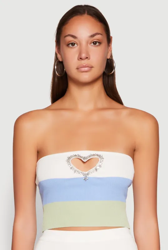 Striped Rhinestone Heart Keyhole Tube Top sold by Rainbow