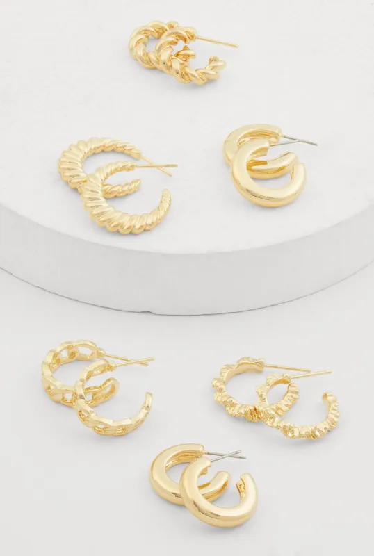 Assorted Metallic Textured Hoop Earrings Set of 6 sold by Rainbow