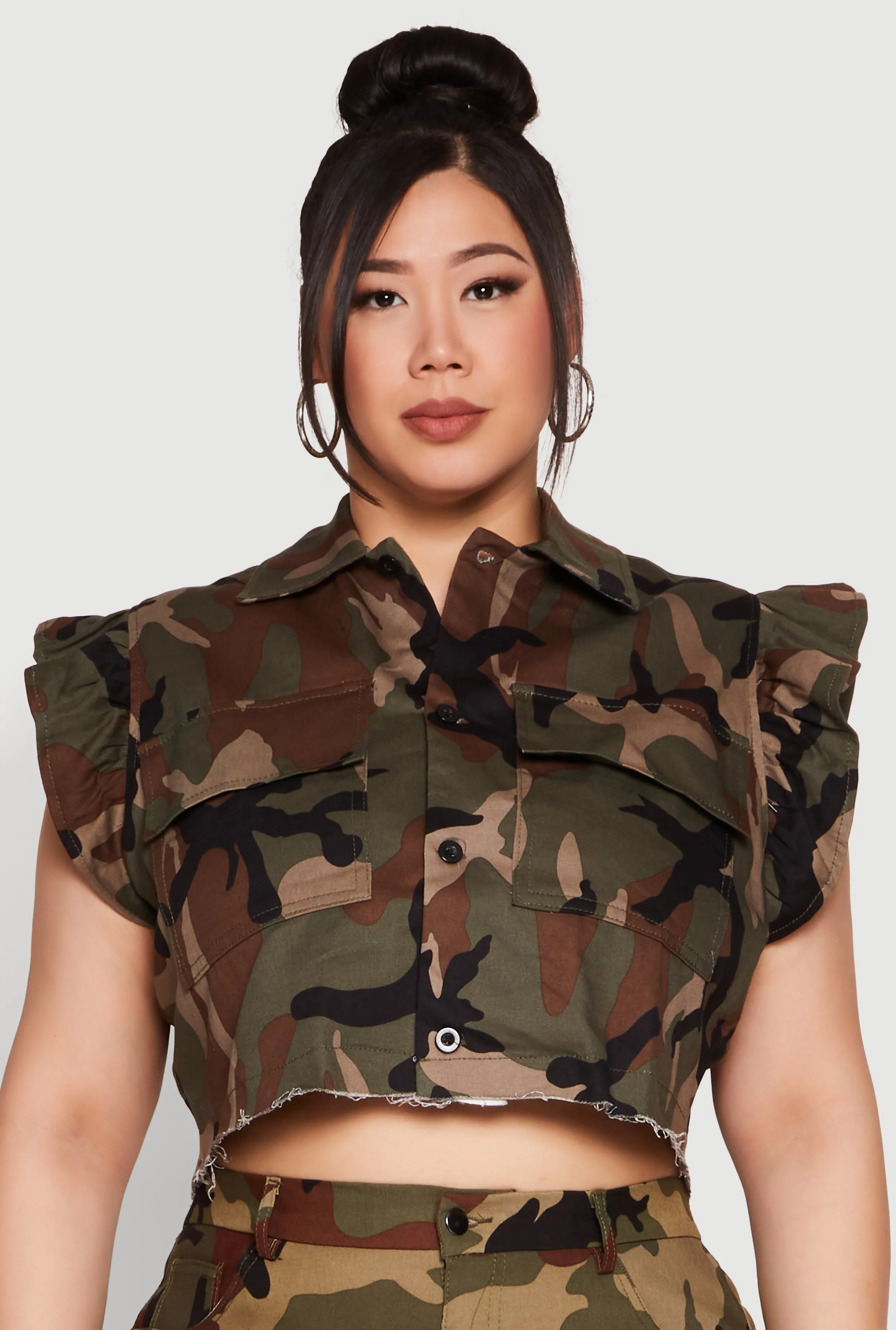 Plus Size Flutter Sleeve Camo Cropped Jacket sold by Rainbow