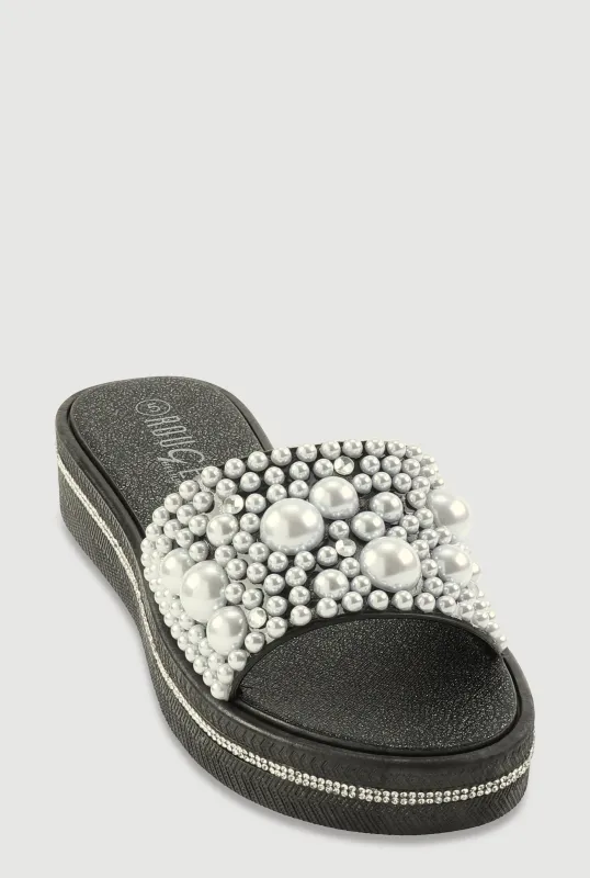 Faux Pearl Studded Band Slide Sandals sold by Rainbow