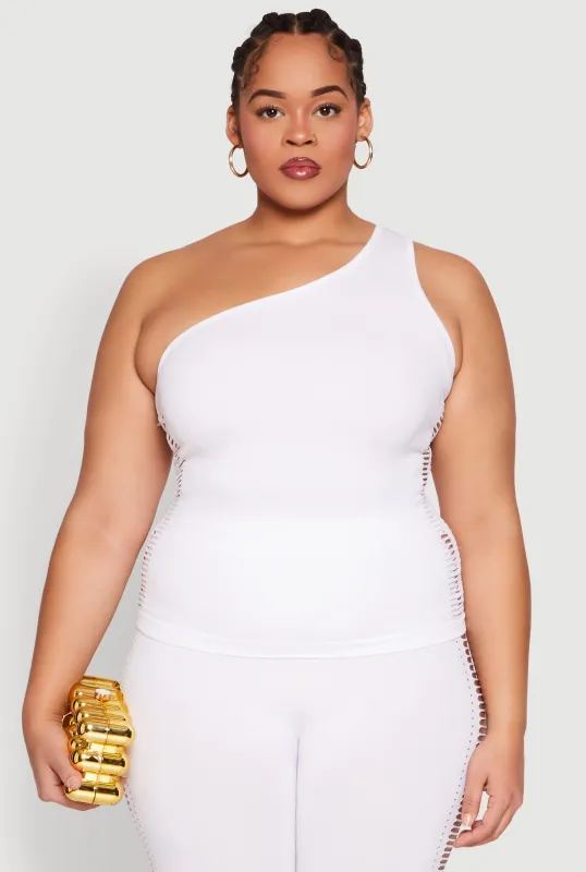 Plus Size Laser Cut Side One Shoulder Top sold by Rainbow
