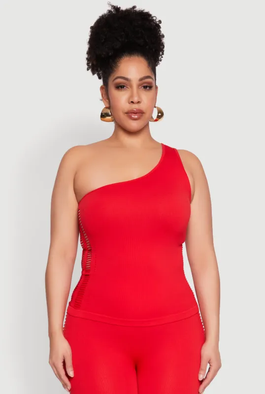 Plus Size Laser Cut Side One Shoulder Top sold by Rainbow