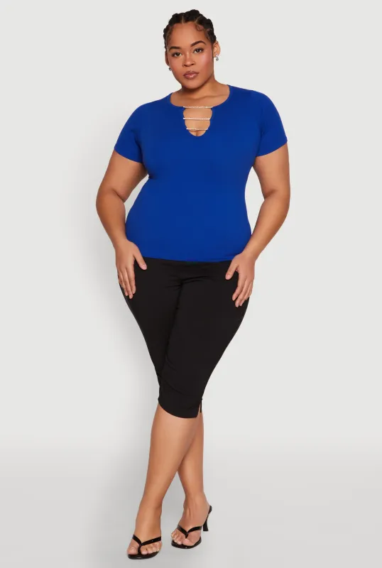 Plus Size Rhinestone Caged Notch Neck Top sold by Rainbow