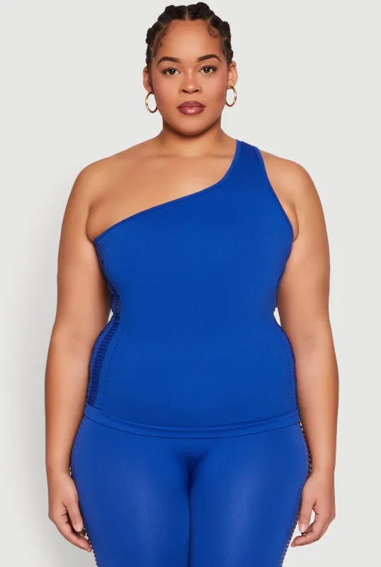 Plus Size Laser Cut Side One Shoulder Top sold by Rainbow