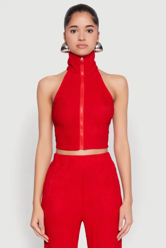 Textured Knit Zip Neck Crop Top sold by Rainbow