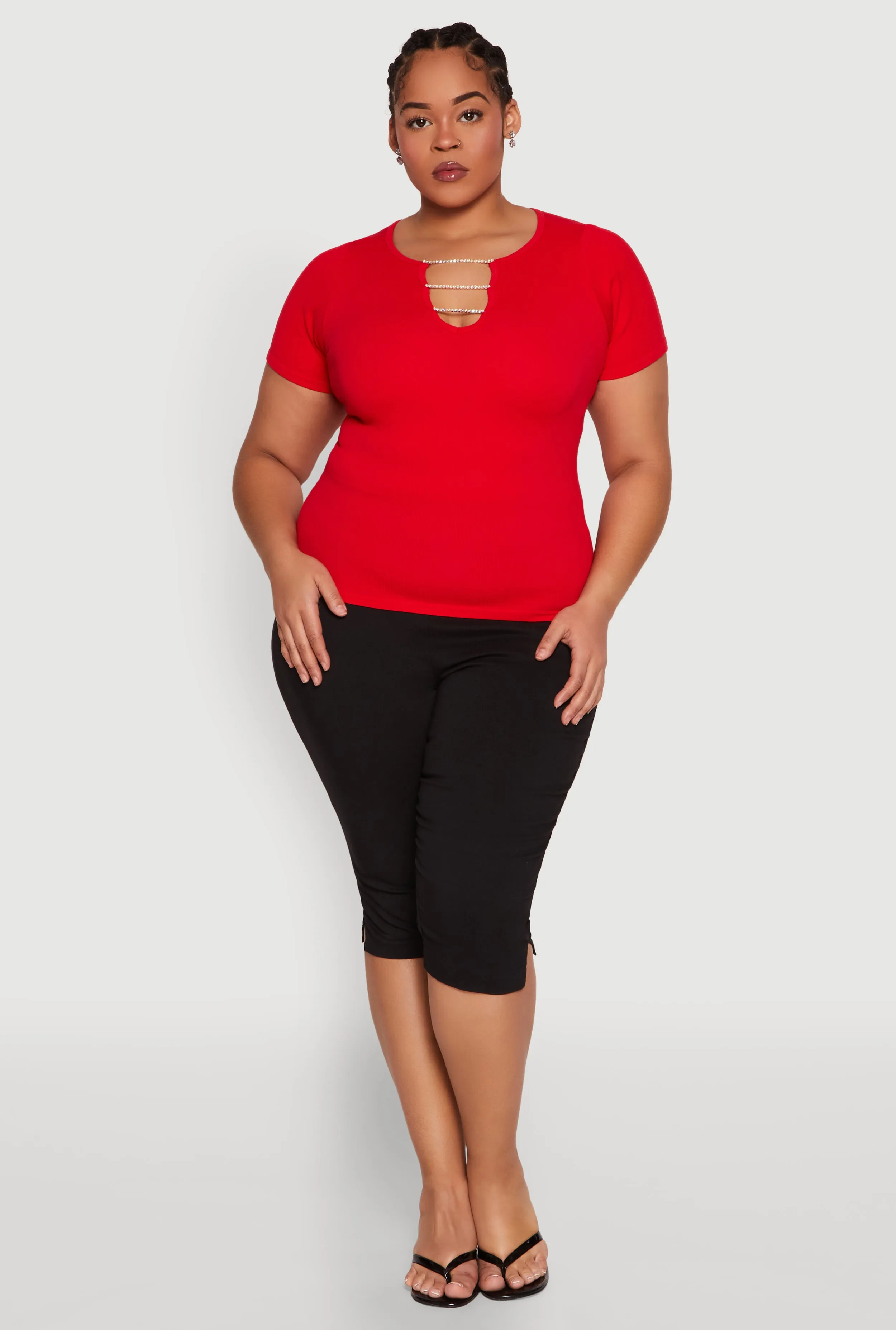 Plus Size Rhinestone Caged Notch Neck Top sold by Rainbow