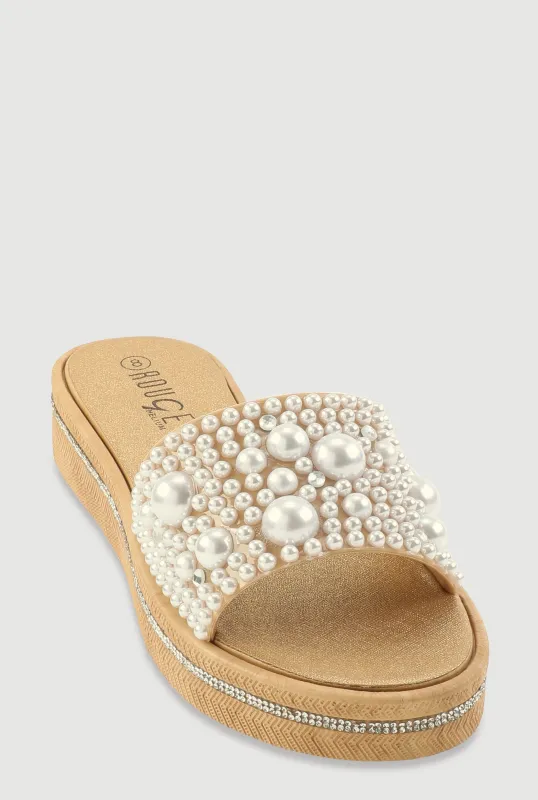 Faux Pearl Studded Band Slide Sandals sold by Rainbow