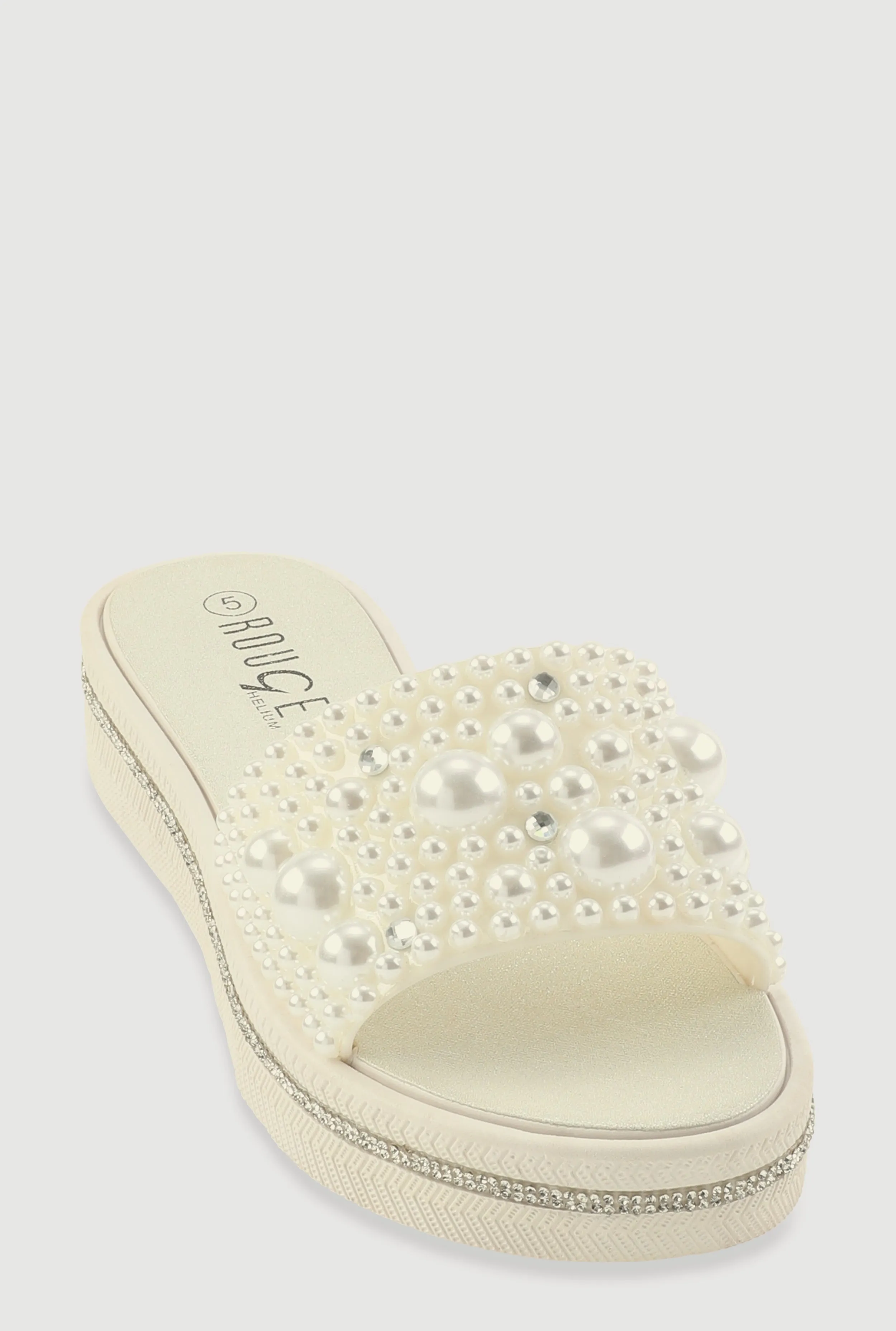 Faux Pearl Studded Band Slide Sandals sold by Rainbow