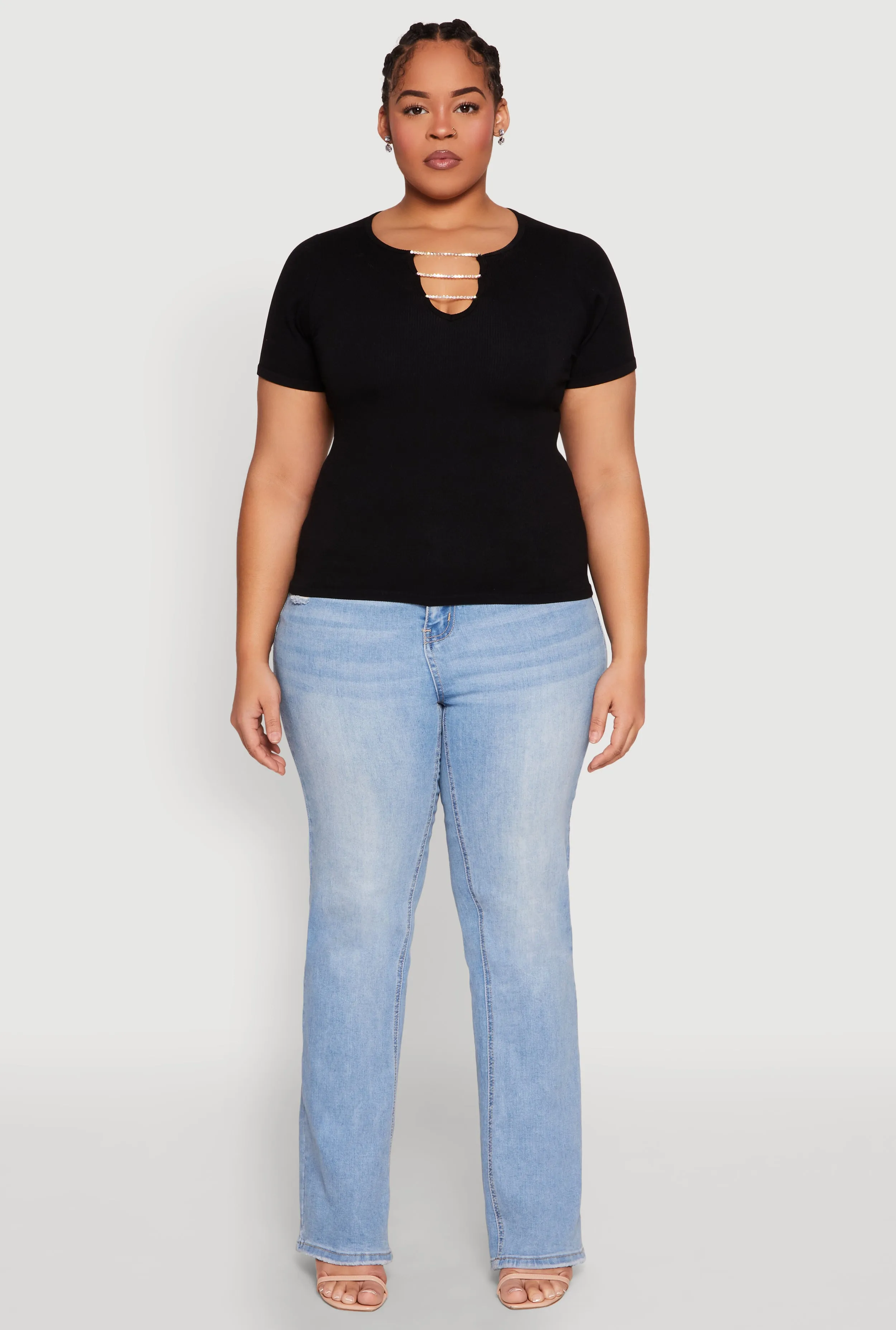 Plus Size Rhinestone Caged Notch Neck Top sold by Rainbow
