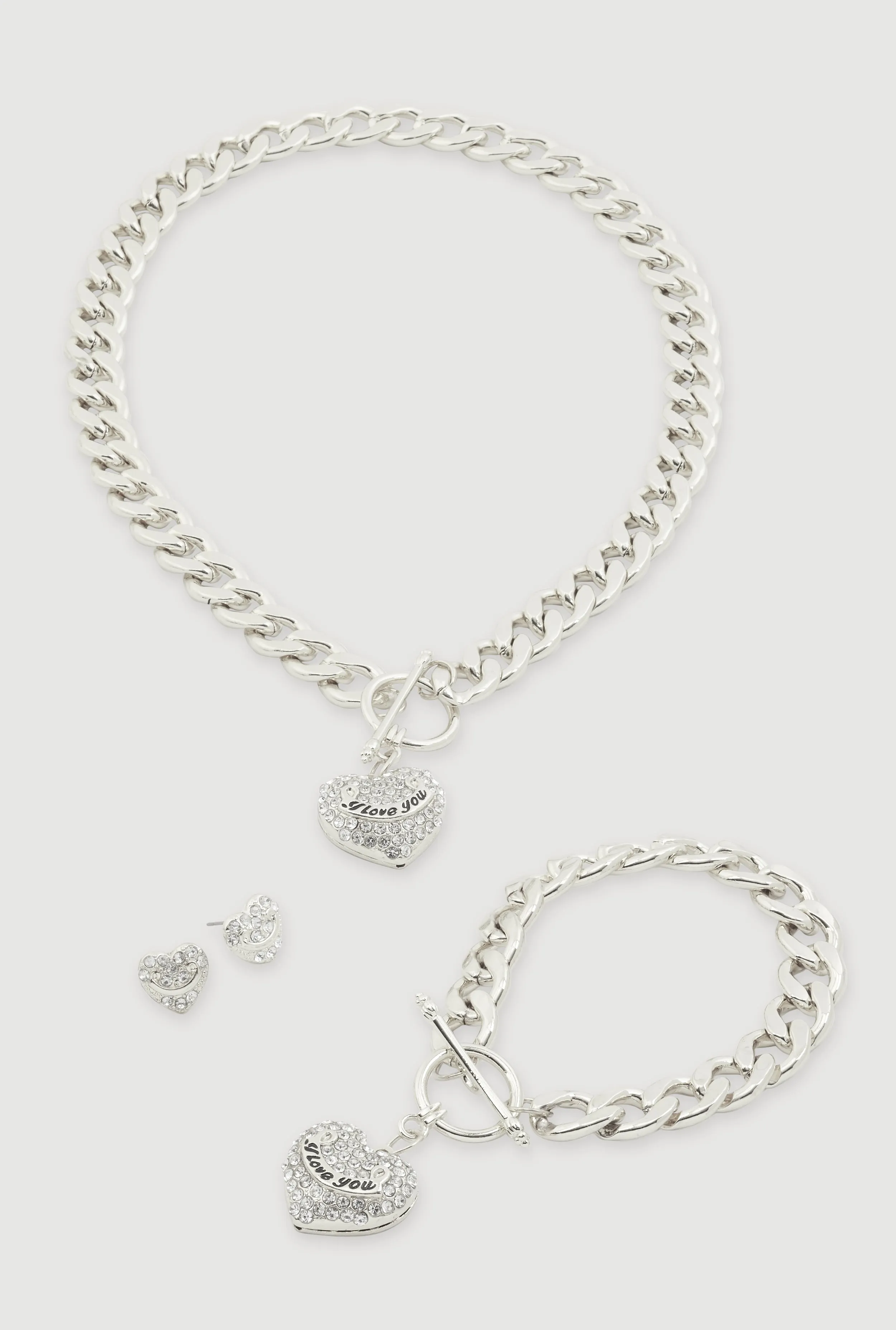 Rhinestone Heart Charm Necklace and Bracelet with Stud Earrings sold by Rainbow