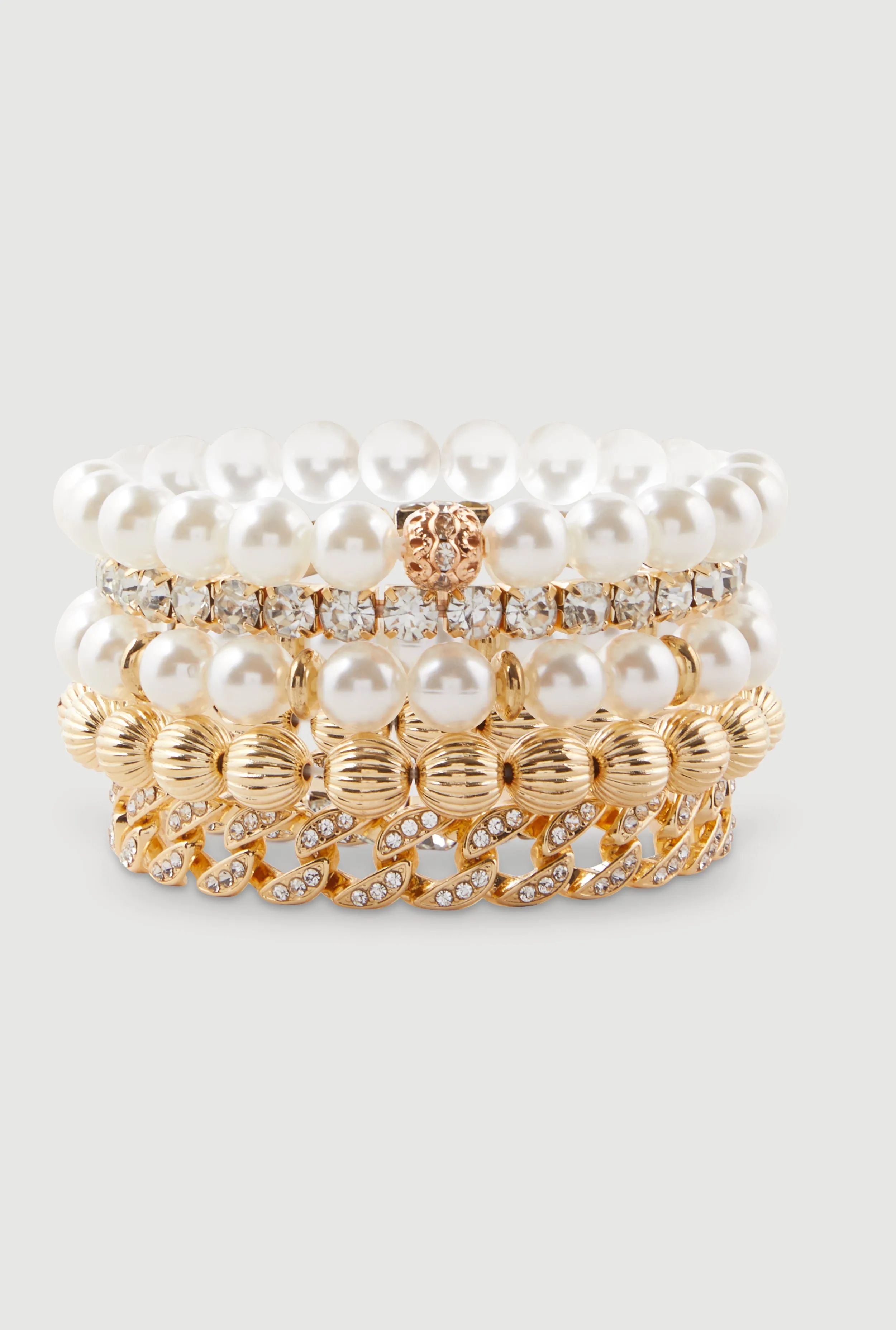 Faux Pearl and Rhinestone Chain Stretch Bracelets Set of 5 sold by Rainbow