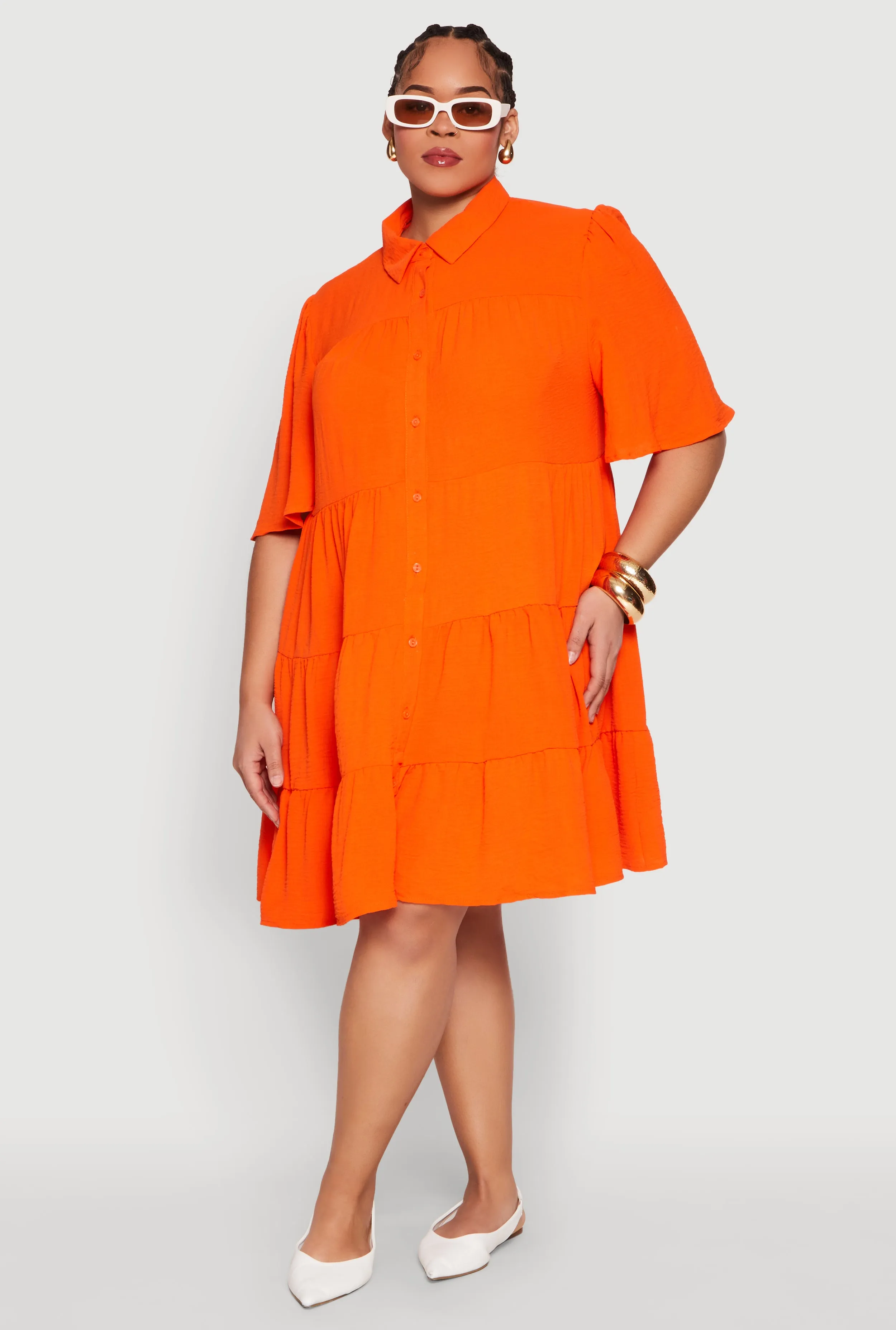 Plus Size Airy Crepe Knit Tiered Shirt Dress sold by Rainbow