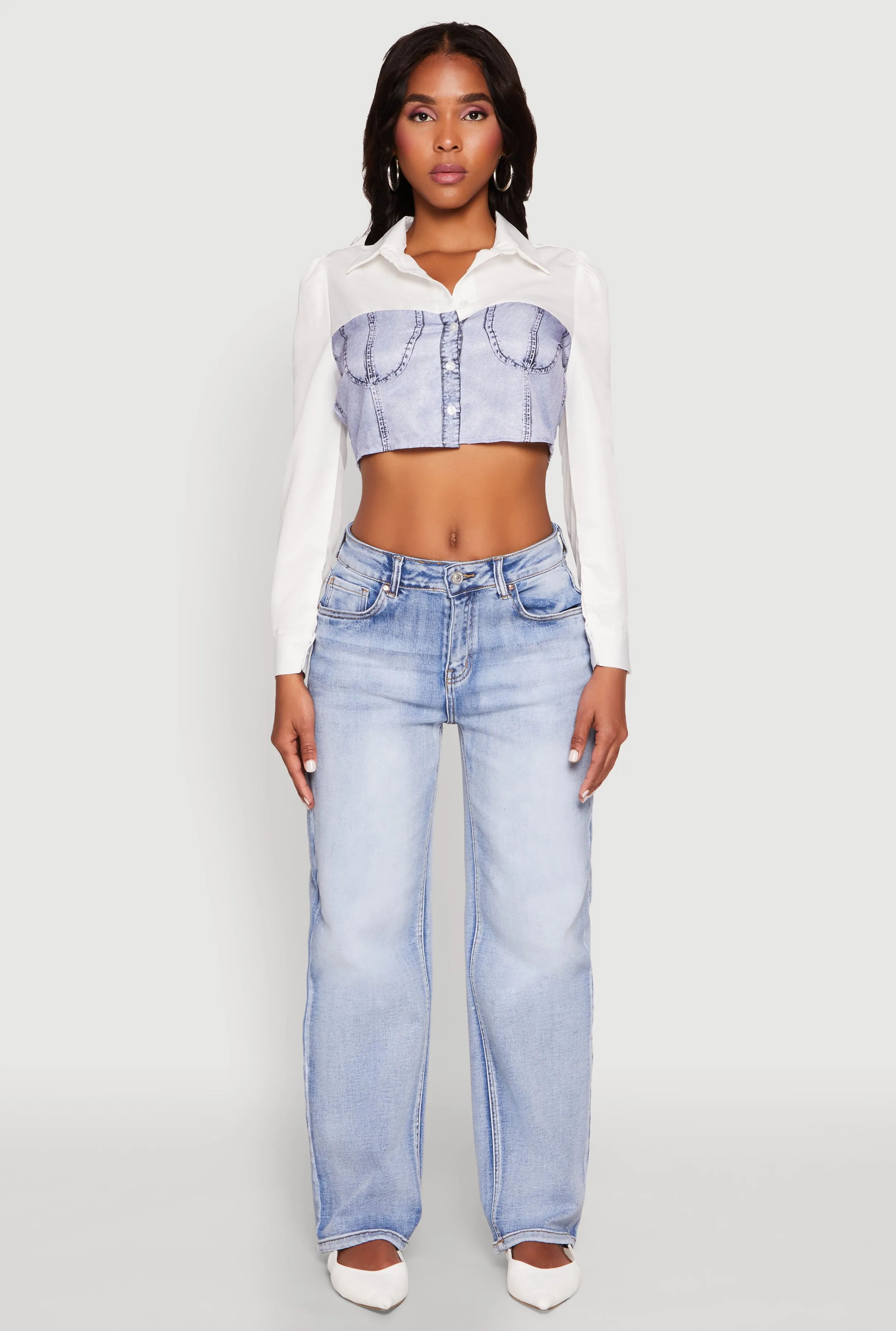 Bustier Denim Illusion Graphic Cropped Shirt sold by Rainbow